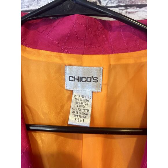 Chico’s Embroidered Topper Jacket blazer lined 100% Silk chico's Pink 1 (medium) - Picture 3 of 5